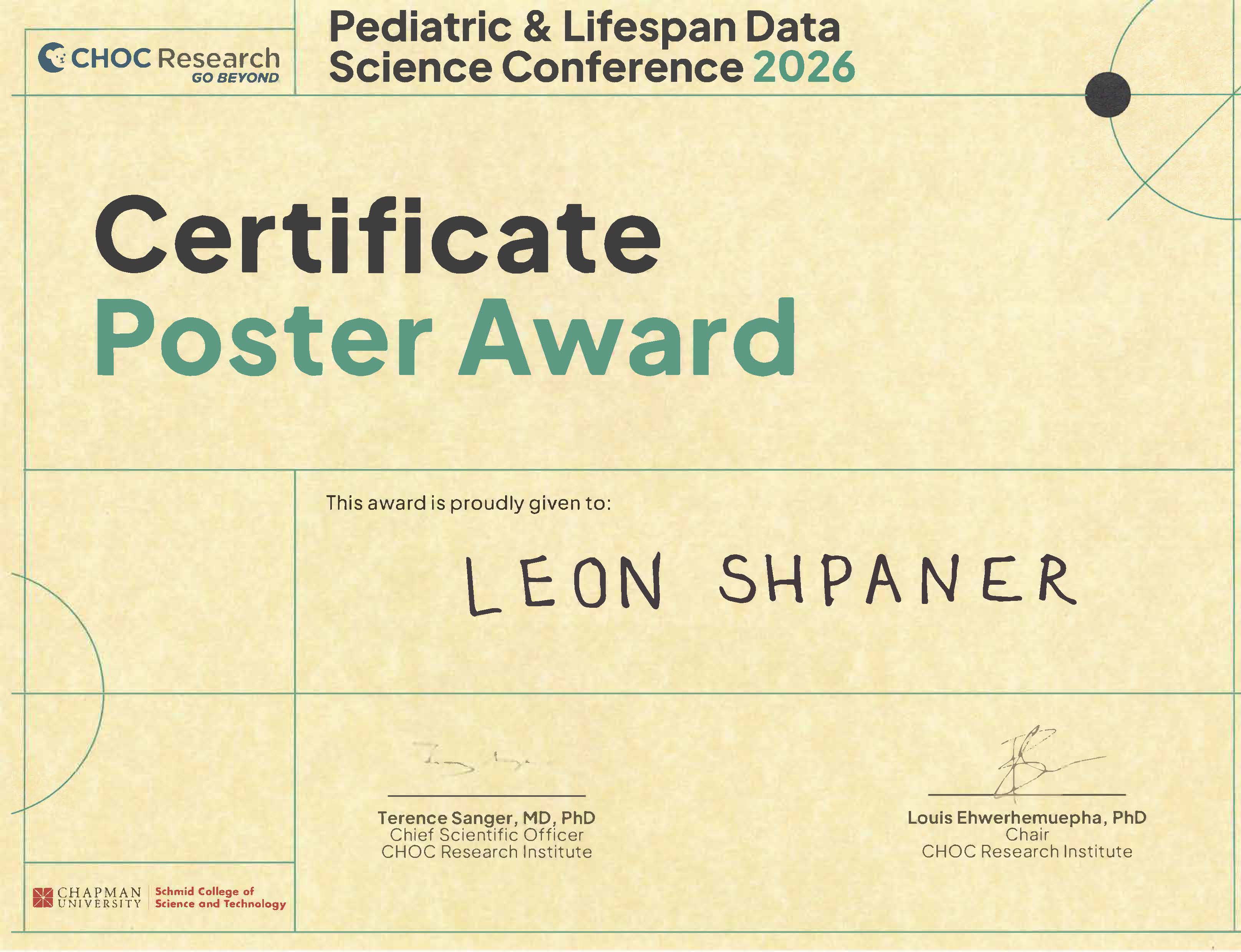 PLDSC 2026 Best Poster Award certificate